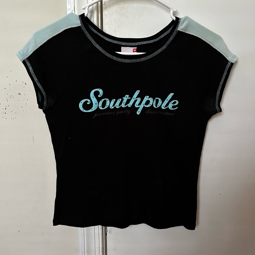 South Pole Black Tee with Light Blue Embellishments